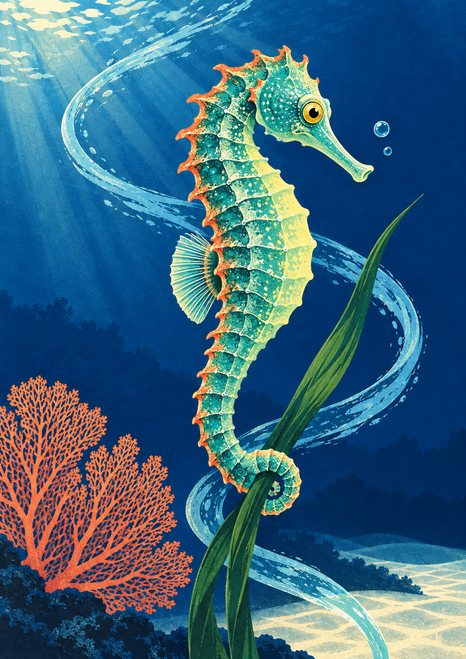 Turquoise and green seahorse swimming upright with its curled tail around seagrass, surrounded by a pale current, coral, bubbles, and sandy seabed.