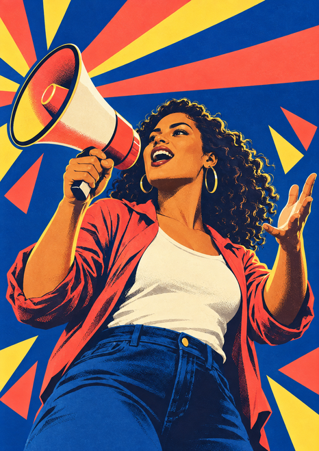 Illustrated adult woman speaking into a large handheld megaphone, with her other hand raised against coral and yellow rays on blue.