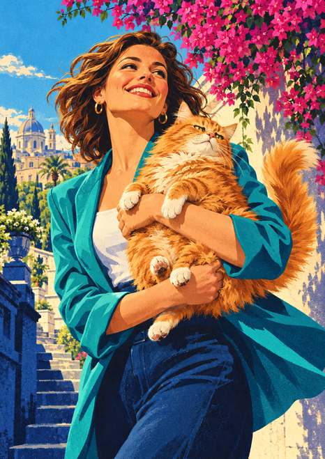 Smiling woman in a teal jacket carrying a fluffy ginger cat in a flowering urban garden with magenta bougainvillea.