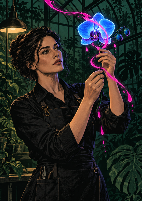 Adult woman in a dark apron examining a luminous blue orchid as a fuchsia ribbon-like trail loops across the portrait in a leafy greenhouse.