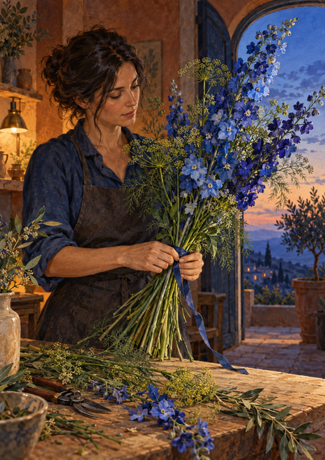 A florist ties a blue bouquet with ribbon at a wooden worktable, with cut stems and pruning shears beneath an arched dusk view.