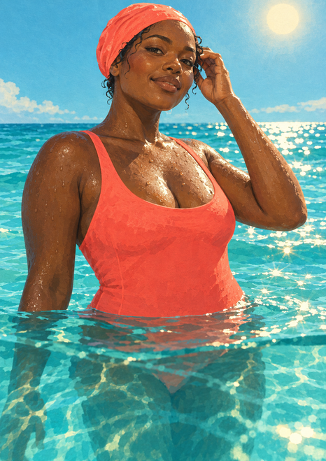 Adult woman in a coral swim cap and swimsuit standing in bright turquoise water, touching the side of her head as sunlight glints behind her.