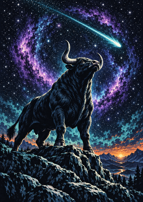 Dark bull on a rocky ridge beneath a diagonal meteor and violet-blue arc of stars, with an orange horizon glow.