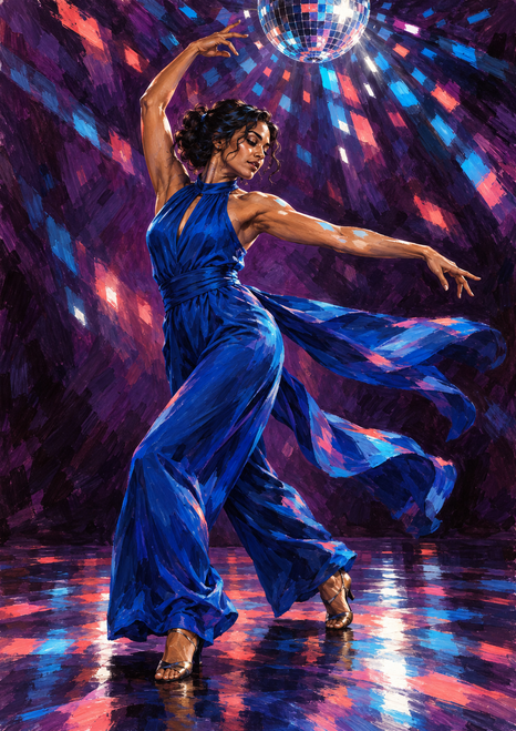 Adult dancer in flowing cobalt-blue clothing turns beneath a partly cropped faceted mirror ball as colorful light reflects across the floor.