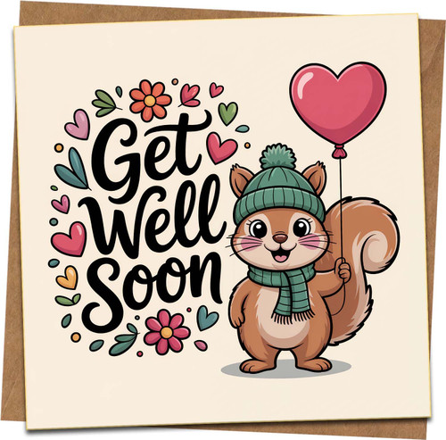 Get Well Soon Card, Cute Squirrel with Heart Balloon, Square Greeting for Kids & Adults, 145mm x 145mm, Blank Inside, Kraft Envelope Included