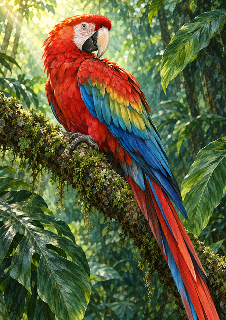 Scarlet macaw with red and blue-green feathers perched on a moss-covered branch among tropical leaves.