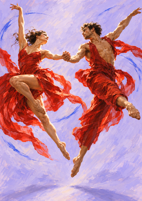 Two dancers in flowing red costumes hold hands and leap against a pale lilac background with blue-violet strokes.