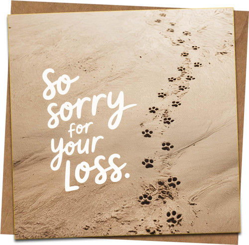 Pet Loss Sympathy Card – Paw Prints in Sand – So Sorry for Your Loss – 145mm x 145mm Square Greeting Card with Kraft Envelope