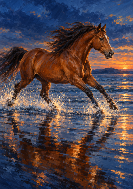 Chestnut horse galloping left to right through shallow water beneath an orange sunset sky.
