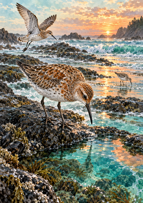 Three sandpiper-like shorebirds at a rocky turquoise tidepool beneath a peach-gold sky.