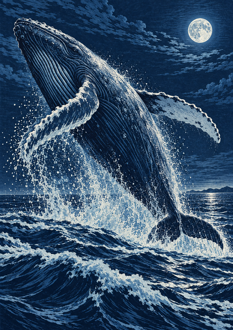 Blue-toned humpback-like whale breaching from a dark sea beneath a bright moon, surrounded by spray.