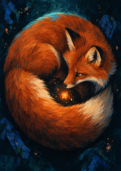 Russet fox curled around a glowing ember against a dark teal and blue background with scattered copper flecks.