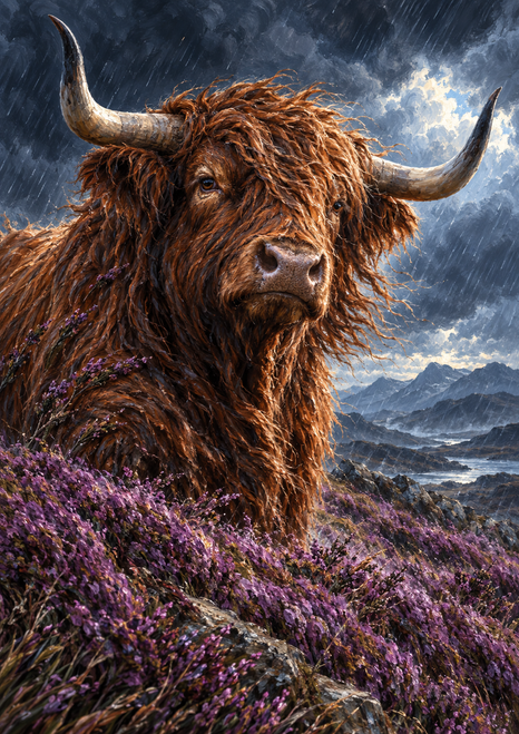 Shaggy Highland-type bull with curved horns standing among purple heather beneath storm clouds and mountains.