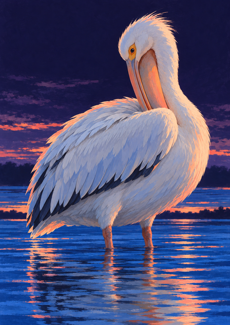 Large white pelican preening in shallow electric-blue water beneath a dark violet sky with orange reflections.