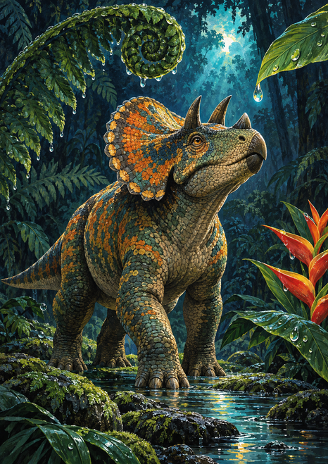 Small-horned, frilled dinosaur standing beneath curling ferns beside a red-orange flower and turquoise pool.