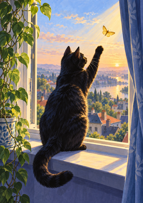 Black cat on a windowsill reaches toward a yellow moth outside an open window, framed by a trailing plant and blue curtain.