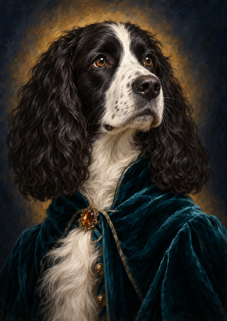 Black-and-white spaniel with curly ears and brown eyes wearing a teal coat and amber brooch against a dark blue background.