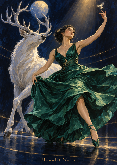 Adult woman in a sweeping emerald dress reaches toward a moth while a white stag stands behind her under a spotlight and moon.