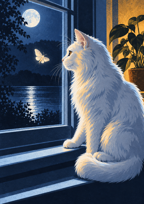 White long-haired cat sitting on a blue windowsill and watching a pale moth, with a moonlit view and an amber-lit leafy plant.