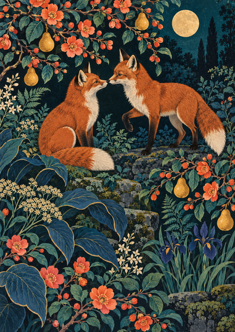 Two russet foxes touch noses in a midnight garden beneath coral blossoms, surrounded by dark leaves, golden pear-shaped fruit, and a round moon.