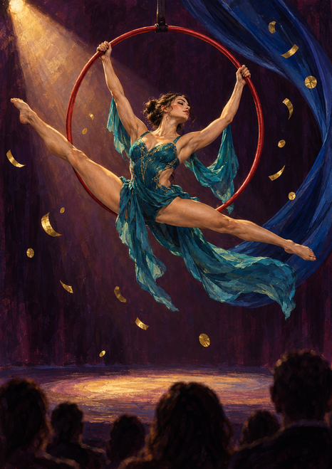 An adult aerial performer in teal fabric holds a wide split inside a red hoop under a warm stage spotlight.