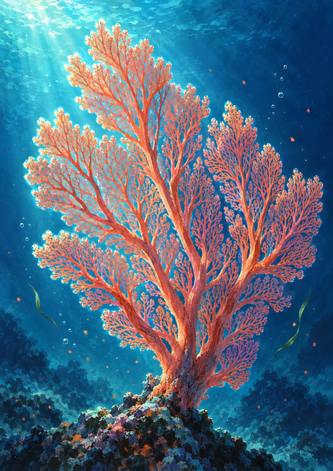 Orange-pink branching sea fan coral rising from a rocky seabed amid bubbles and sea grass in deep blue underwater light.