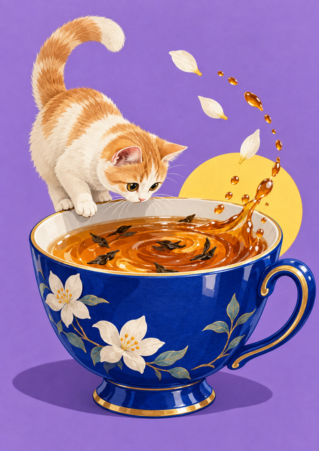 Cream-and-ginger cat leaning over a cobalt-blue teacup filled with amber tea, against a lilac background with a yellow disk.