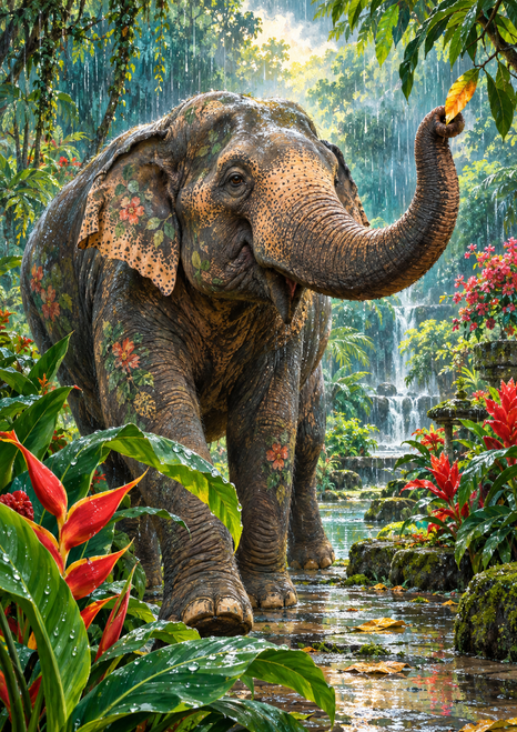 Large elephant raises its trunk toward a yellow-orange leaf in a lush garden with red flowers and reflective water.