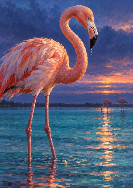 A coral-pink flamingo with an S-curved neck and a droplet at its bill stands in turquoise water; two flamingos are distant beneath a violet-blue sky.