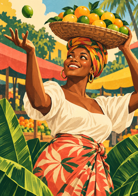 A smiling woman in a patterned headwrap balances a basket of citrus and reaches toward a lime, with market awnings and large leaves around her.