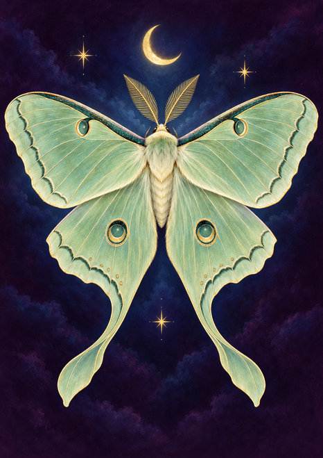 Pale mint luna moth with spread wings, long hindwing tails and four teal-and-gold eye-spots beneath a crescent moon and three stars.