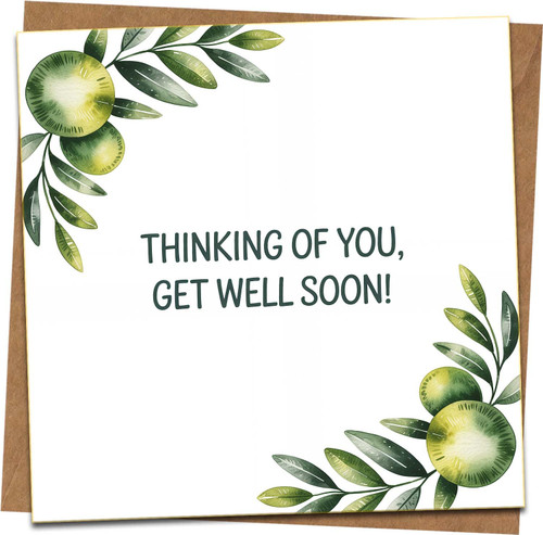 Thinking of You Get Well Soon Card – 145mm Square Greeting Card with Green Botanical Design, Blank Inside, Includes Kraft Envelope – Support, Recovery, Sympathy Card for Friends & Family