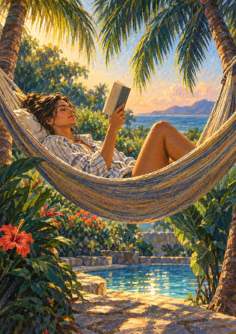 Adult reading an open book in a hammock beneath tropical palms, with garden flowers and a blue pool.