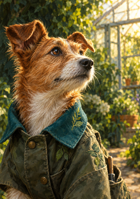 Copper-and-white terrier wearing a dark green coat with leaf motifs and teal collar, looking upward in a sunlit leafy setting.