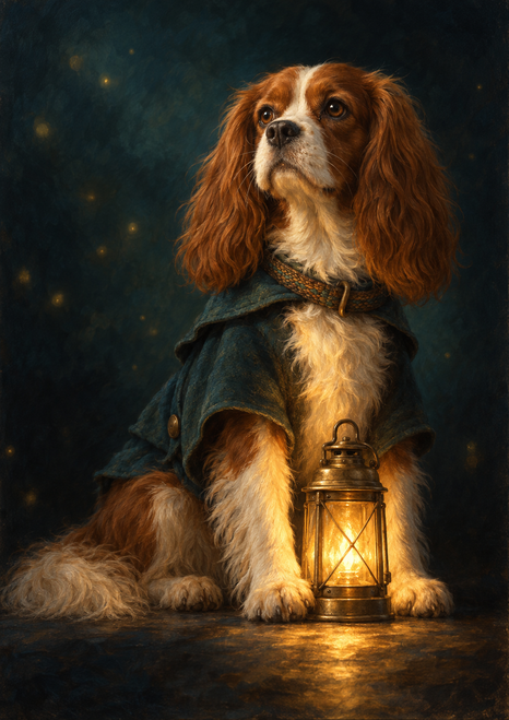 Russet-and-white spaniel in a dark teal coat seated beside a glowing brass lantern against a midnight blue-green background.