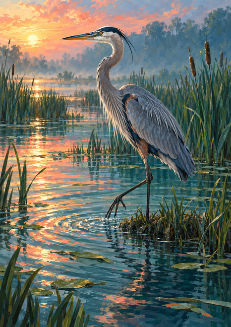 A gray-blue heron stands among reeds and cattails in reflective marsh water beneath a bright peach-and-amber dawn sky.