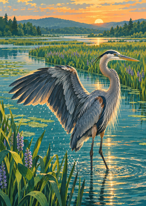 Gray-blue heron with one broad wing spread, standing in teal marsh water among flowering reeds beneath a low sunrise.