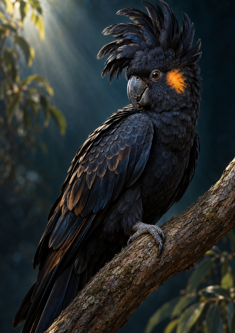 Crested black cockatoo with an orange cheek patch perched on a diagonal branch against a dark teal background.