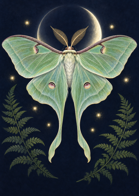 Pale green luna-moth-like insect with spread wings and rose-ringed eyespots, framed by a glowing moon and fern fronds.