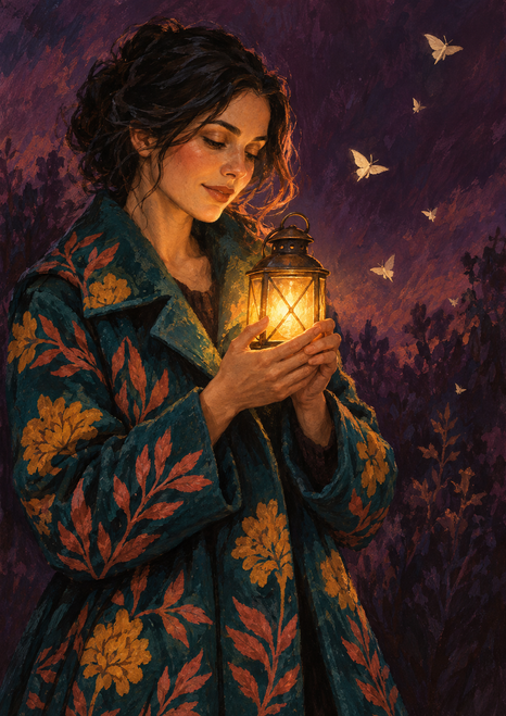 Adult woman in a patterned teal coat holding a glowing amber lantern as pale moths drift through a plum background.