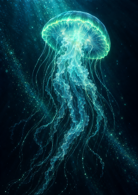 Luminous jellyfish with a glowing domed bell and fine trailing tentacles drifting through dark teal water among suspended particles.