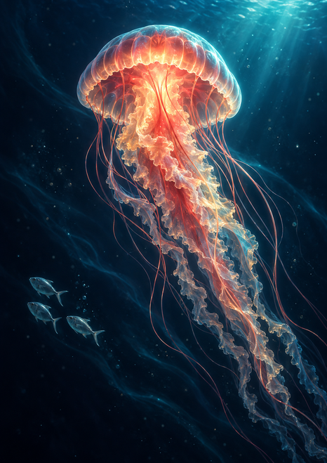 Large glowing jellyfish with trailing tentacles and three small fish in dark navy water.