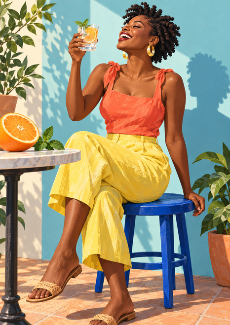 Smiling woman with short twists raising a clear citrus drink while seated on a cobalt stool beside an orange slice and greenery.