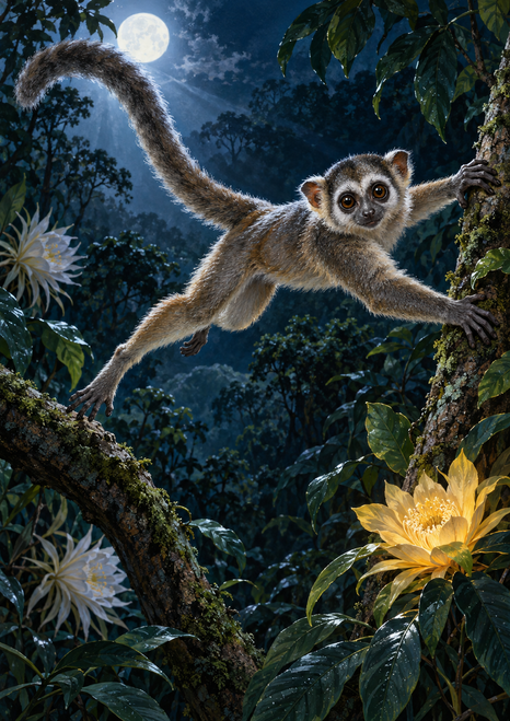 Long-tailed primate leaping between tree trunks beneath a moon, with dark forest foliage and a golden flower.