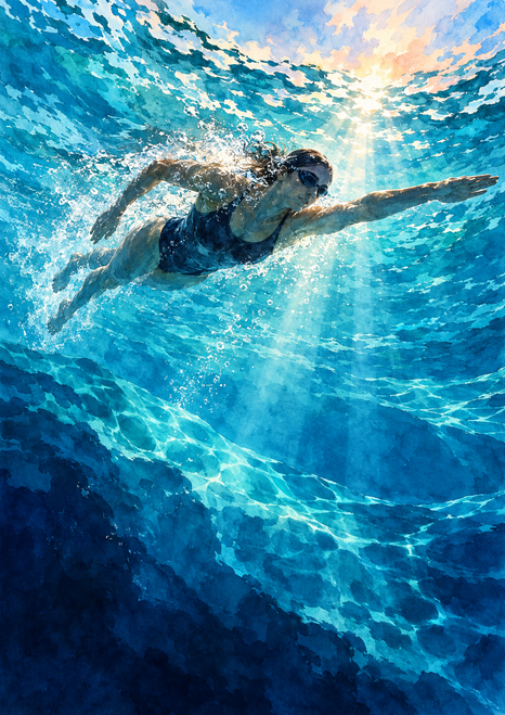 Adult swimmer moving diagonally below a bright turquoise water surface amid bubbles and refracted light.