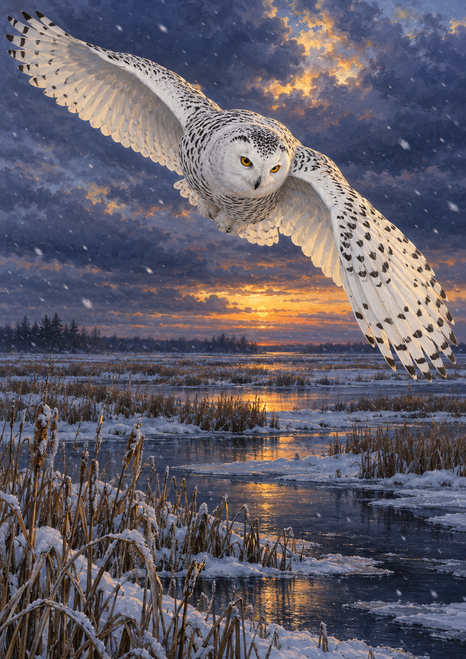 White, dark-speckled owl gliding with wings spread above snowy reeds and dark marsh water at dusk.