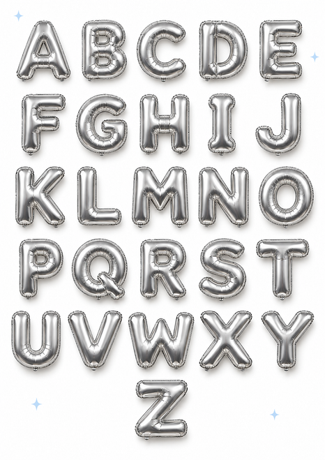 Complete uppercase A–Z alphabet in silver foil balloon letters arranged in rows on a white background with pale-blue sparkles.