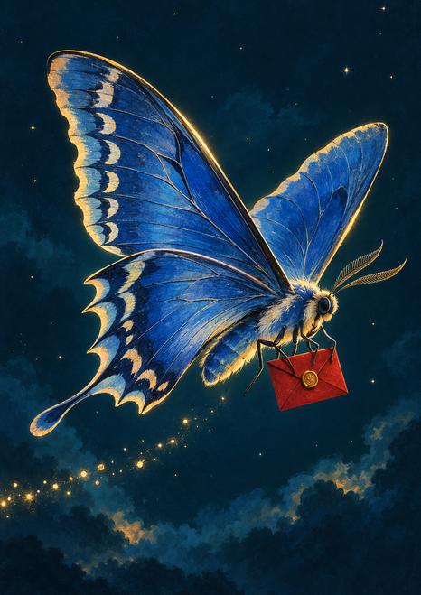 Blue moth-like insect carrying a small red envelope against a dark teal background, with a curved trail of gold lights.