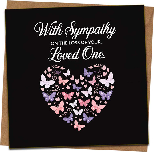 Sympathy Card 145mm x 145mm with Kraft Envelope – With Sympathy on the Loss of Your Loved One – Butterfly Heart Design, Black – Bereavement Condolence Greeting Card