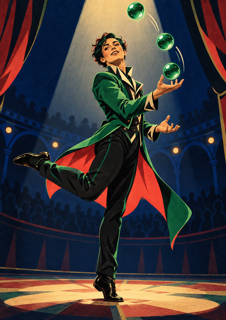 Adult-looking circus performer in an emerald tailcoat and black trousers juggling three glowing green spheres on a spotlighted stage.